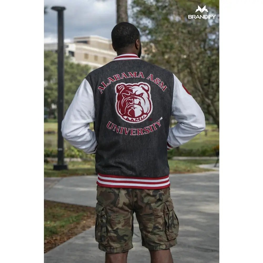 Custom Alabama A&M Black Denim Bomber Jacket | Custom D9