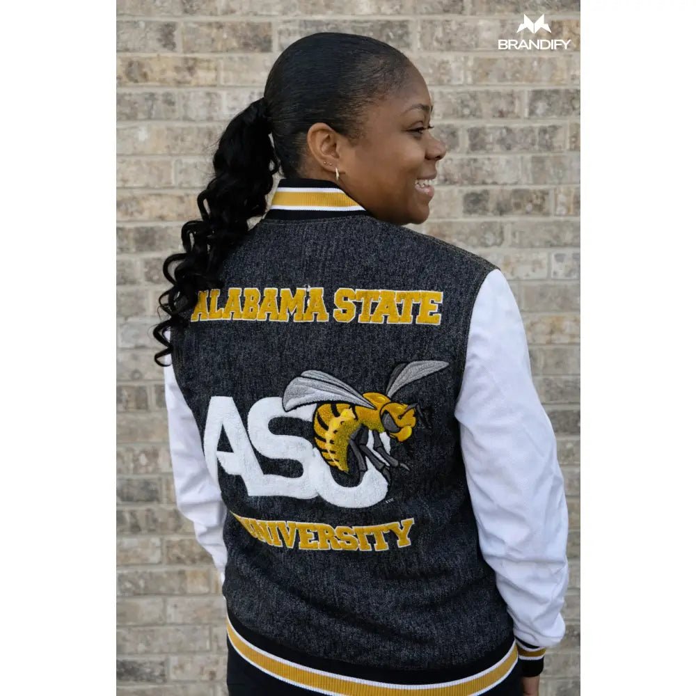 Custom Alabama State University Black Denim Bomber Jacket | Custom D9