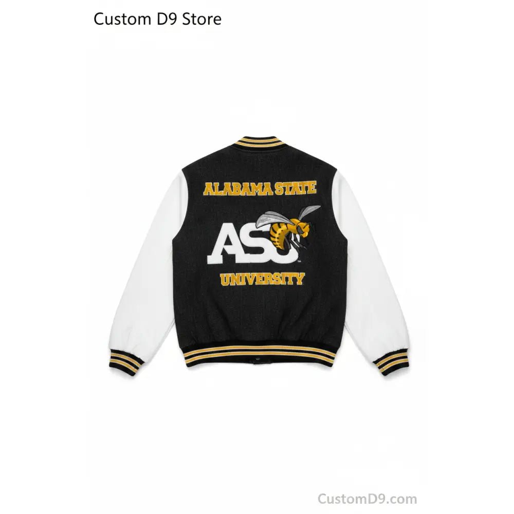 Custom Alabama State University Black Denim Bomber Jacket | Custom D9