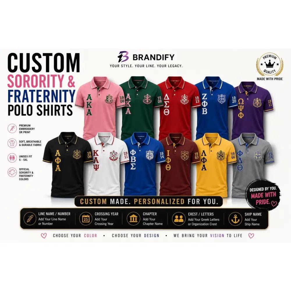 Custom Fraternity Polo Shirt Bulk Discount Greek Apparel Line Name Number Chapter Crossing Year Custom Embroidered Polo Shirt for chapters