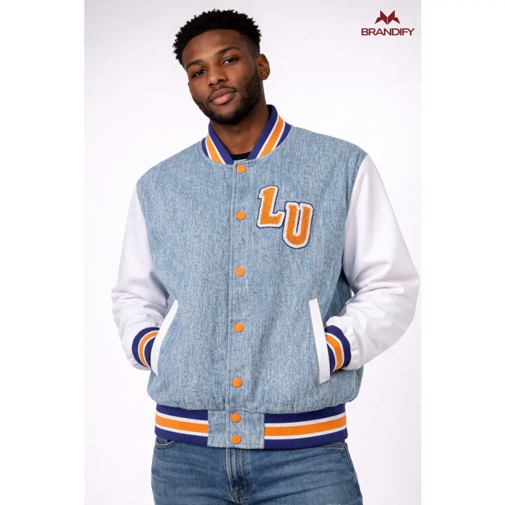 Custom Lincoln University Denim Bomber Jacket | Custom D9