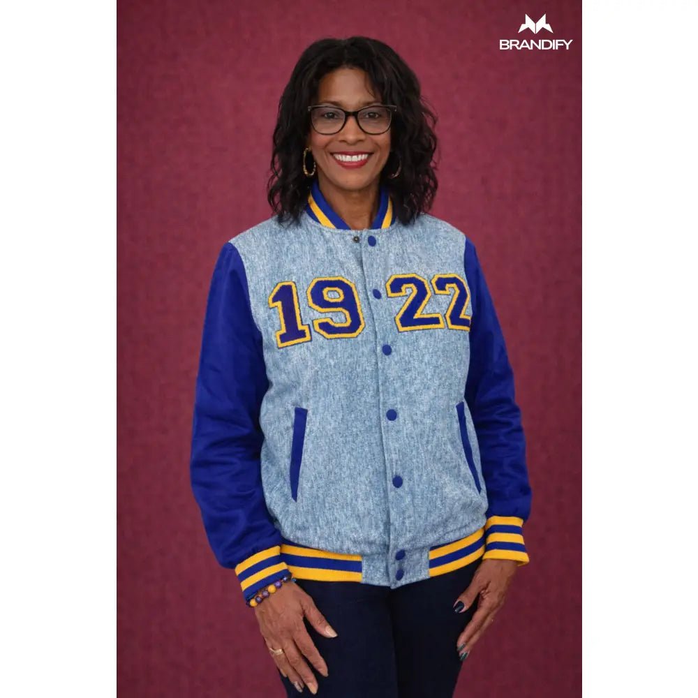 Custom Sigma Gamma Rho 1922 Denim Bomber Jacket | Custom D9