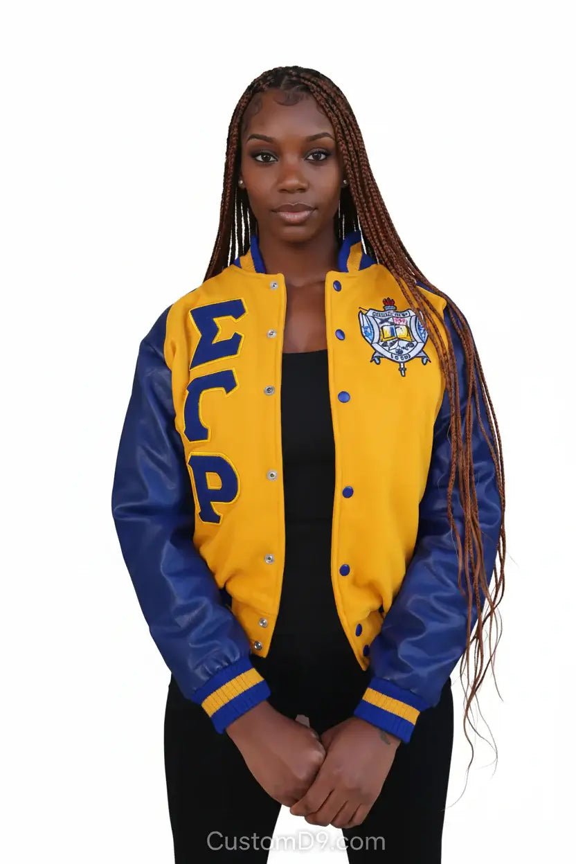 Custom Sigma Gamma Rho Gold Wool & Leather Letterman Jacket | Custom D9