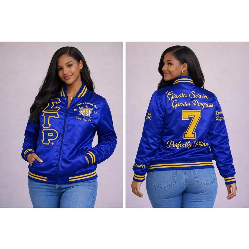 Custom Sigma Gamma Rho Legendary Satin Varsity Jacket, Crossing Jacket, option to Personalize Line Jacket Greater Service Greater Progress