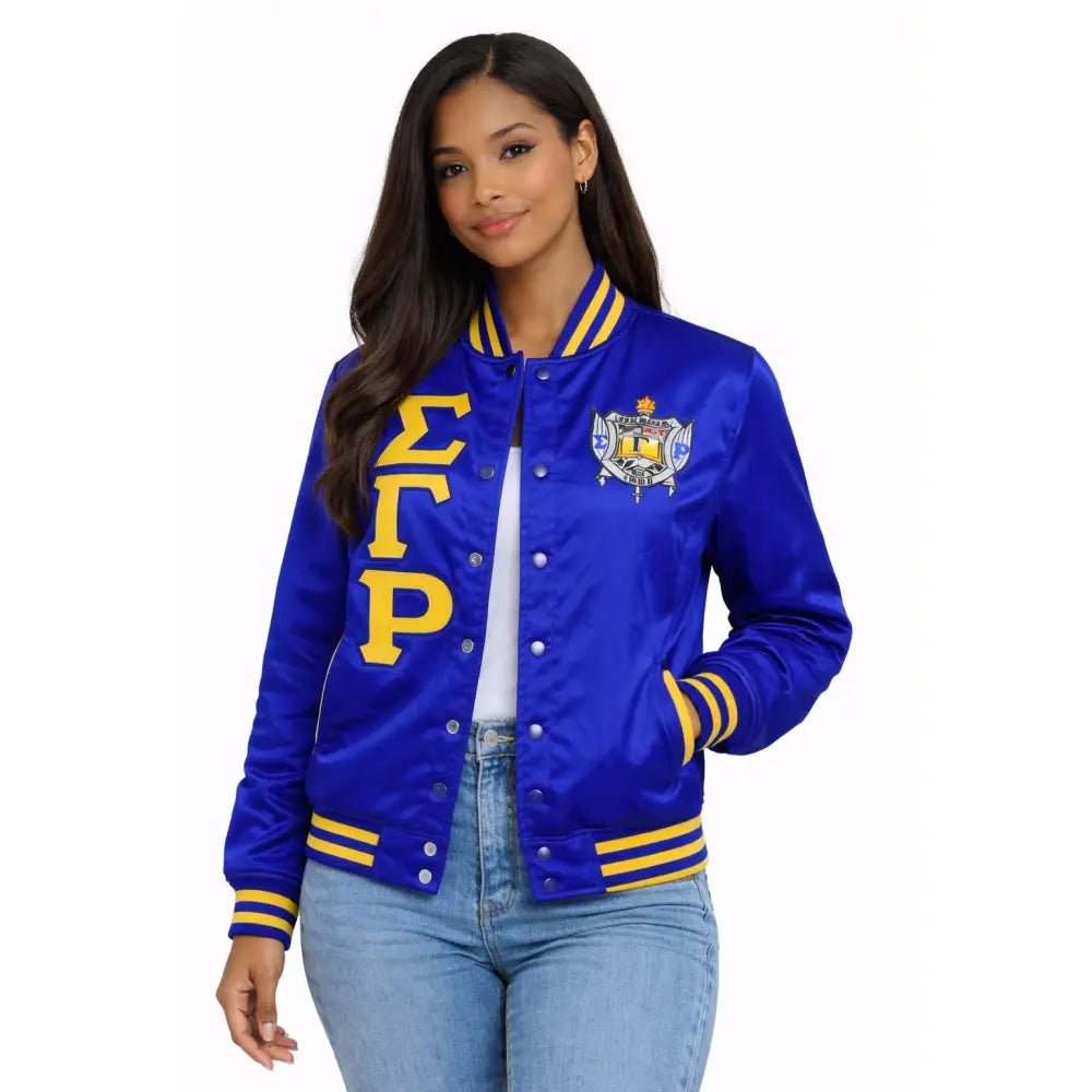 Custom Sigma Gamma Rho Legendary Satin Varsity Jacket, Crossing Jacket, option to Personalize Line Jacket Greater Service Greater Progress