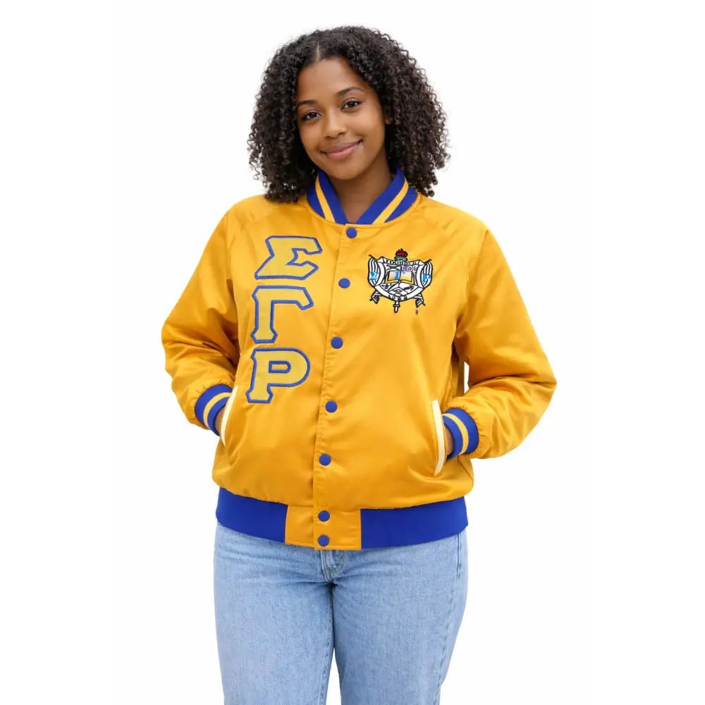 Custom Sigma Gamma Rho Satin Bomber Jacket Greek Sorority Apparel | Custom D9
