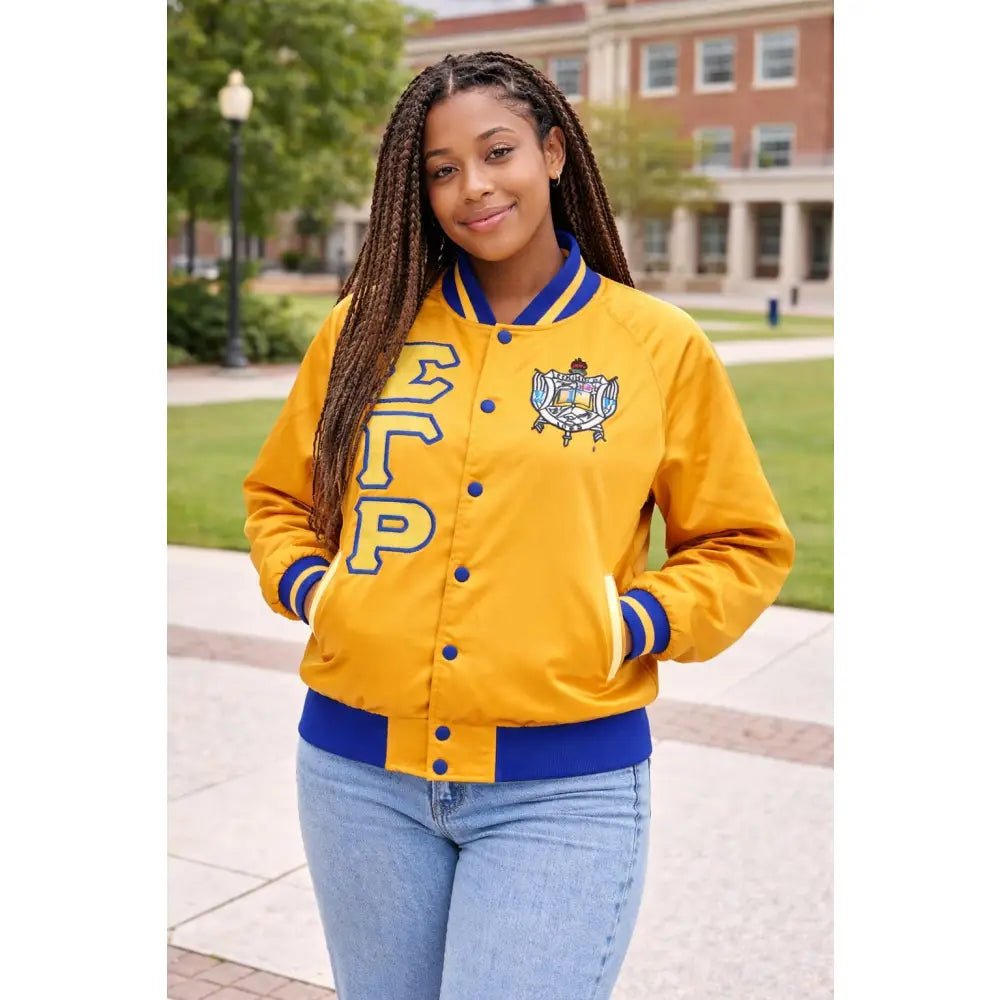 Custom Sigma Gamma Rho Satin Bomber Jacket Greek Sorority Apparel | Custom D9