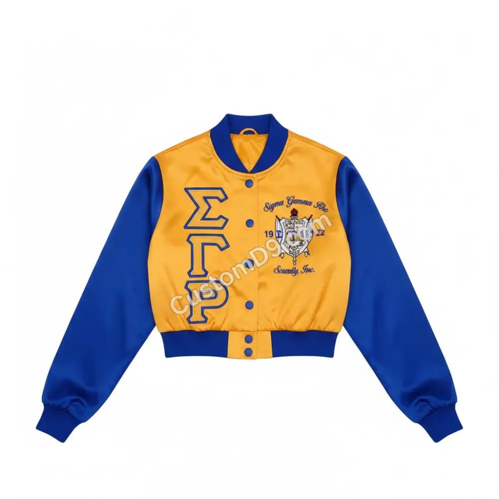 Custom Sigma Gamma Rho Satin Crop Bomber Jacket Blue & Gold | Custom D9