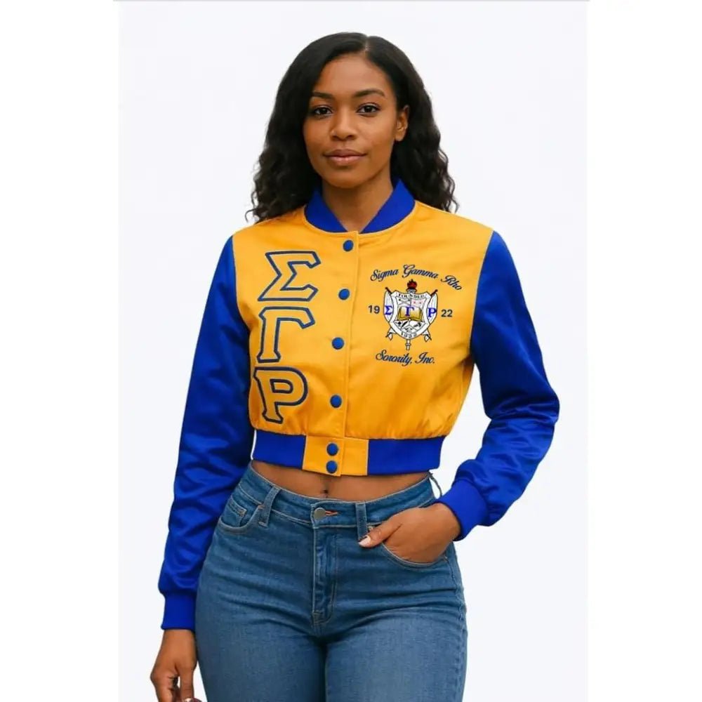 Custom Sigma Gamma Rho Satin Crop Bomber Jacket Blue & Gold | Custom D9
