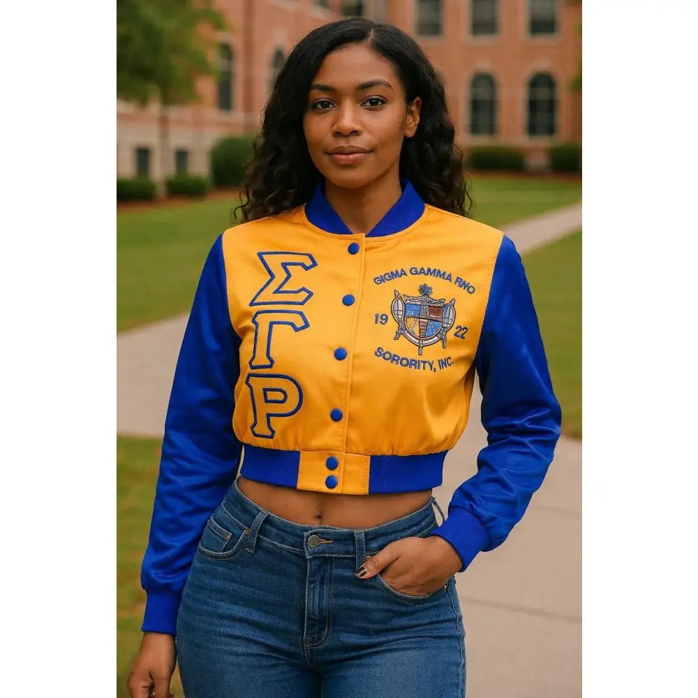 Custom Sigma Gamma Rho Satin Crop Bomber Jacket Blue & Gold | Custom D9