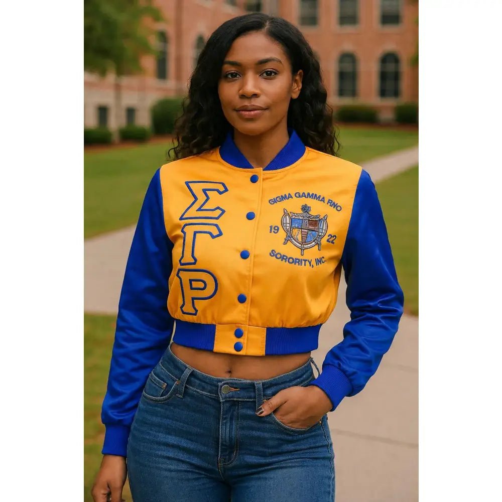Custom Sigma Gamma Rho Satin Crop Bomber Jacket Blue & Gold | Custom D9