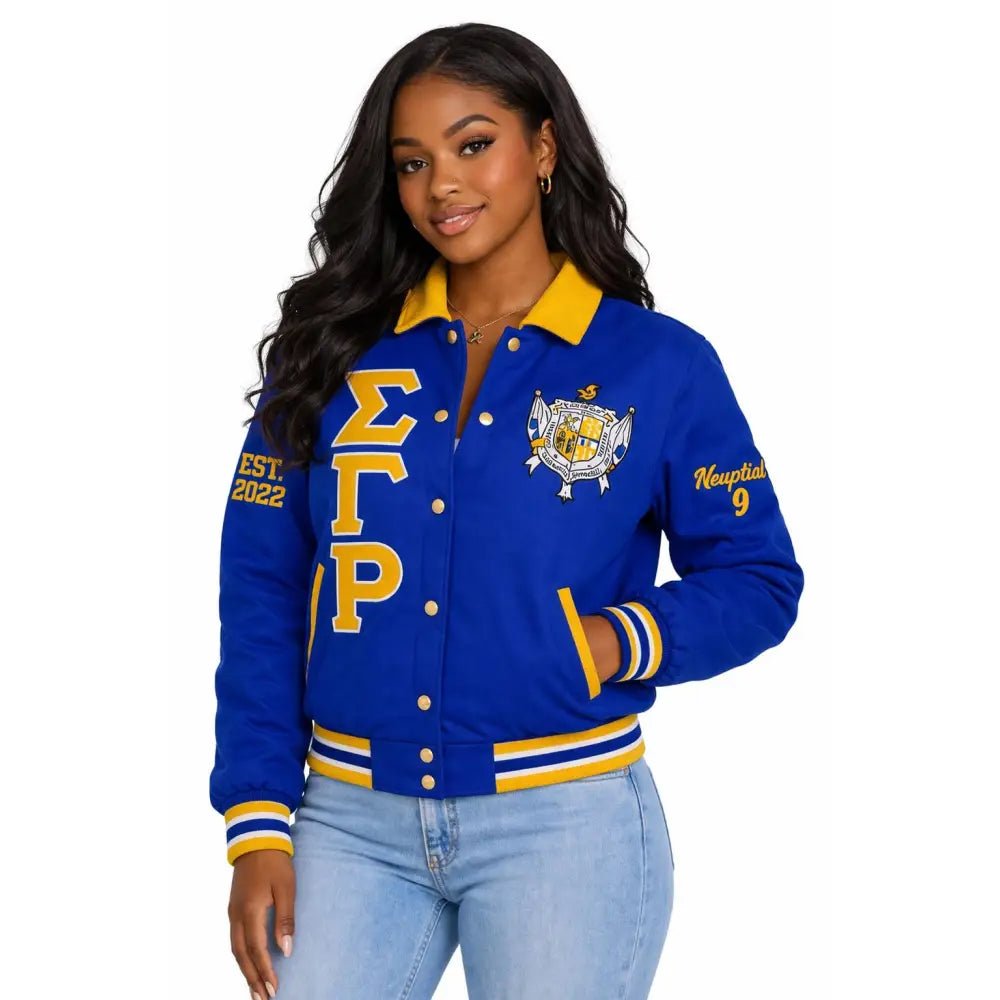 Custom Sigma Gamma Rho Varsity Line Jacket Personalized Sorority Apparel | Custom D9