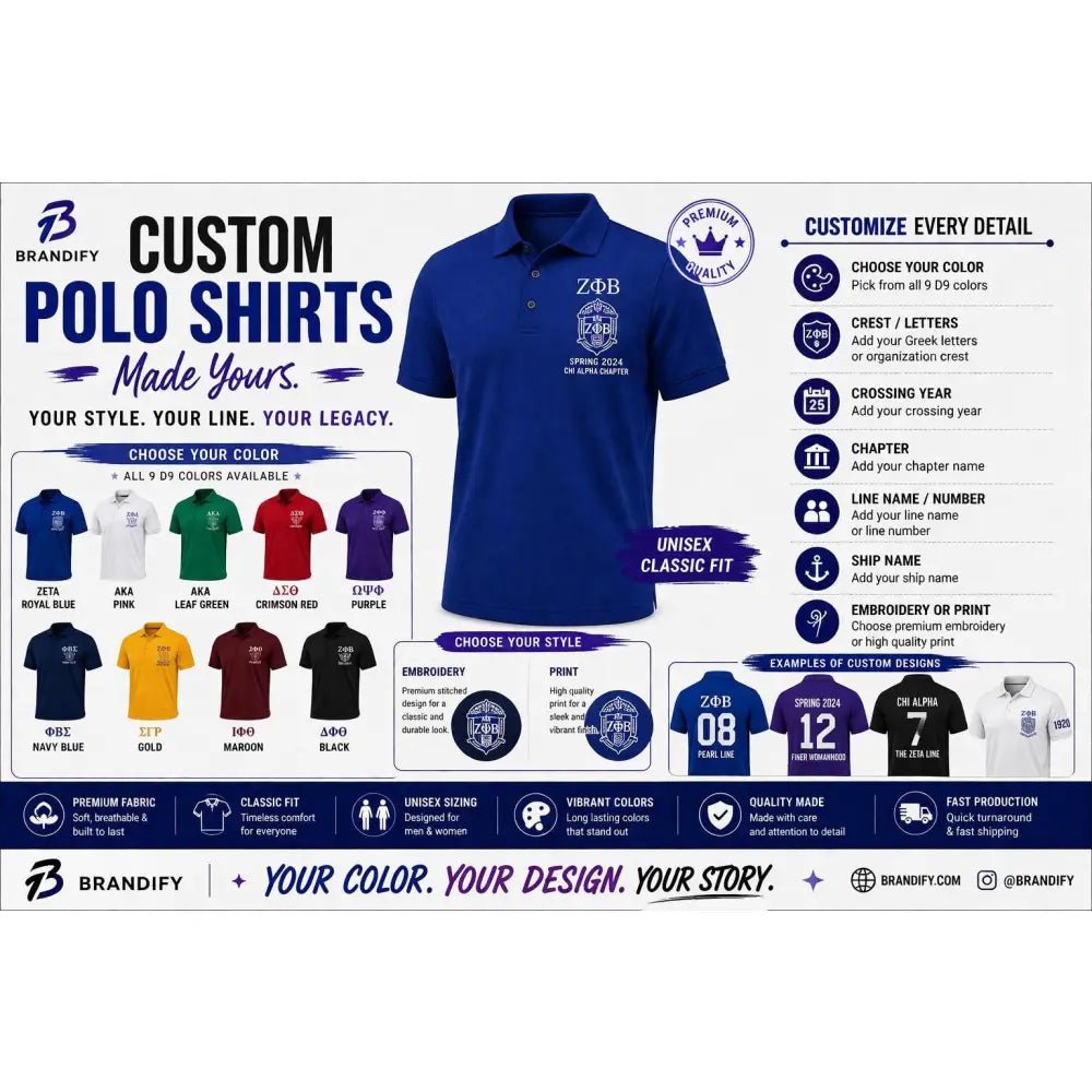 Custom Sorority Fraternity Polo Shirt Personalization Options Greek Apparel Line Name Number Chapter Crossing Year Custom Color Polo Shirt