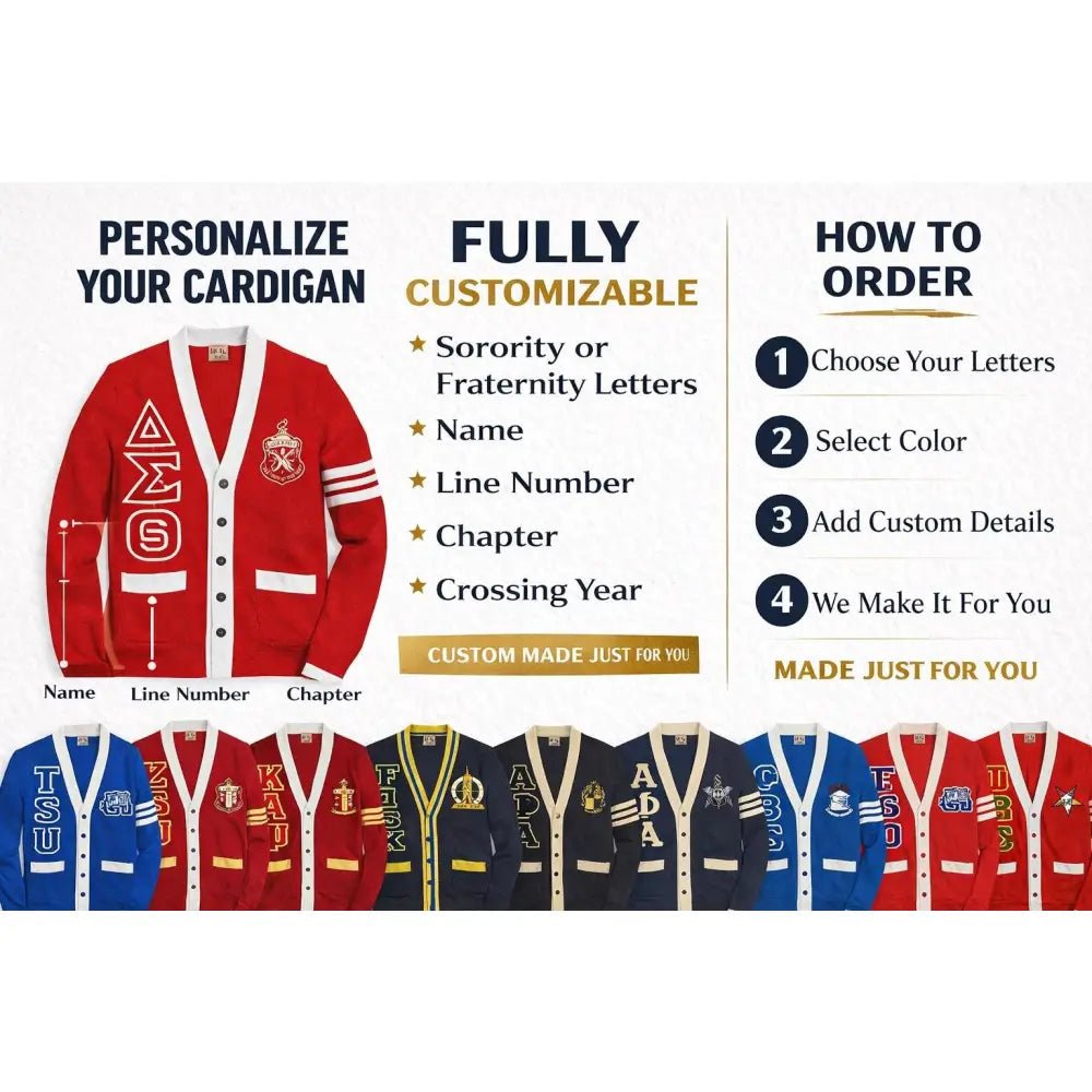 Custom Varsity Cardigan, Sorority & Fraternity Cardigan Personalize Name, Line Number Crossing Year Crossing line Sweater Group Discount
