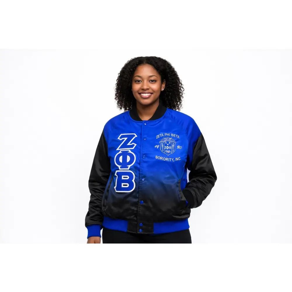 Custom Zeta Phi Beta Blue & Black Ombre Satin Bomber Jacket | Custom D9