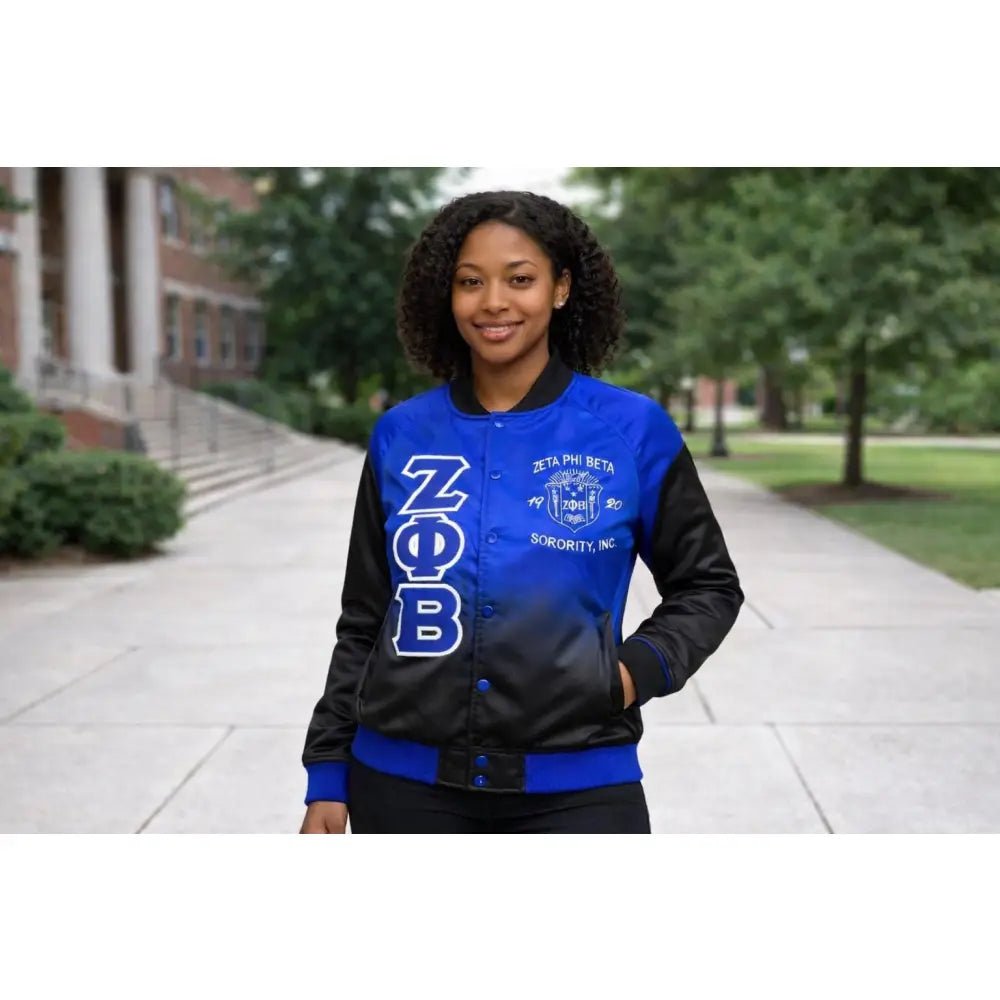 Custom Zeta Phi Beta Blue & Black Ombre Satin Bomber Jacket | Custom D9