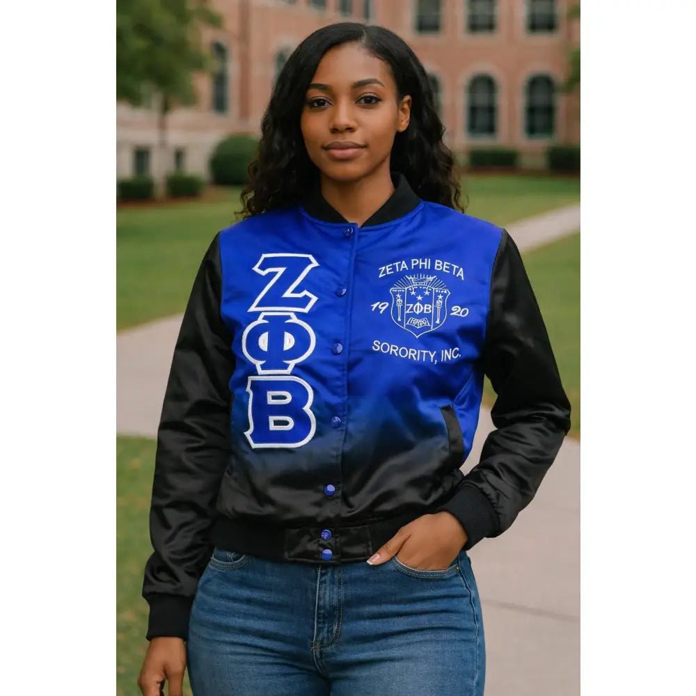 Custom Zeta Phi Beta Blue & Black Ombre Satin Bomber Jacket | Custom D9