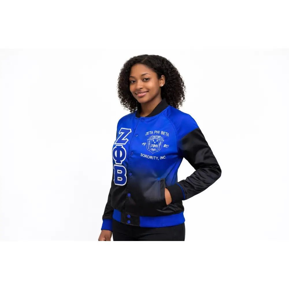 Custom Zeta Phi Beta Blue & Black Ombre Satin Bomber Jacket | Custom D9