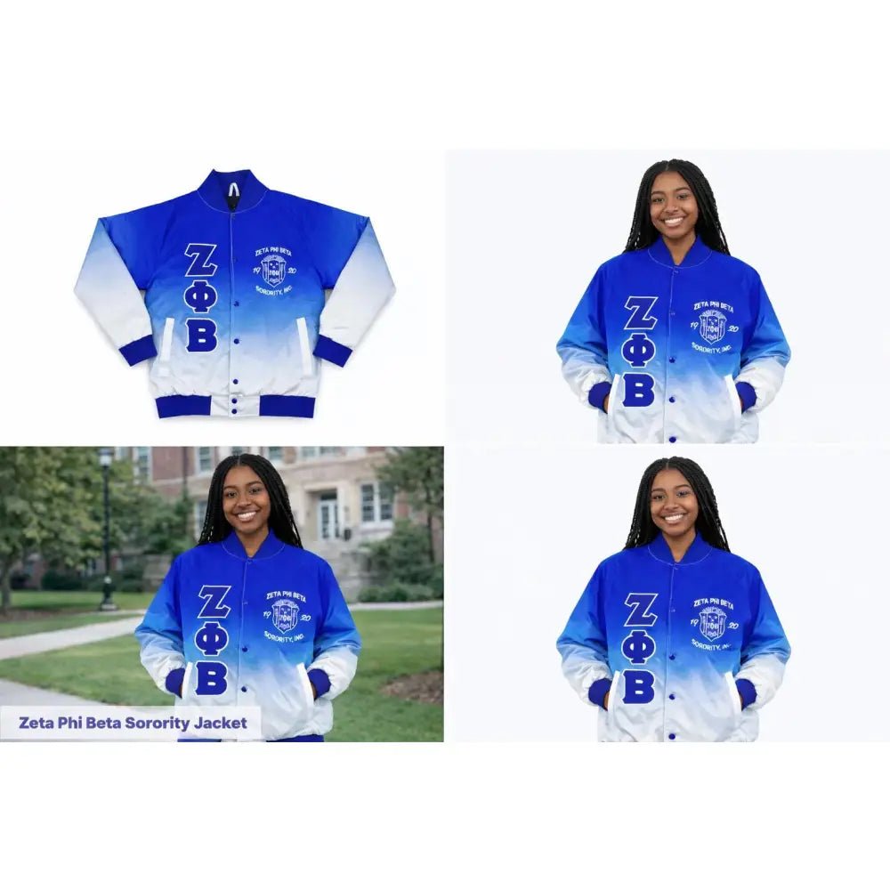 Custom Zeta Phi Beta Blue & White Ombre Satin Bomber Jacket | Custom D9