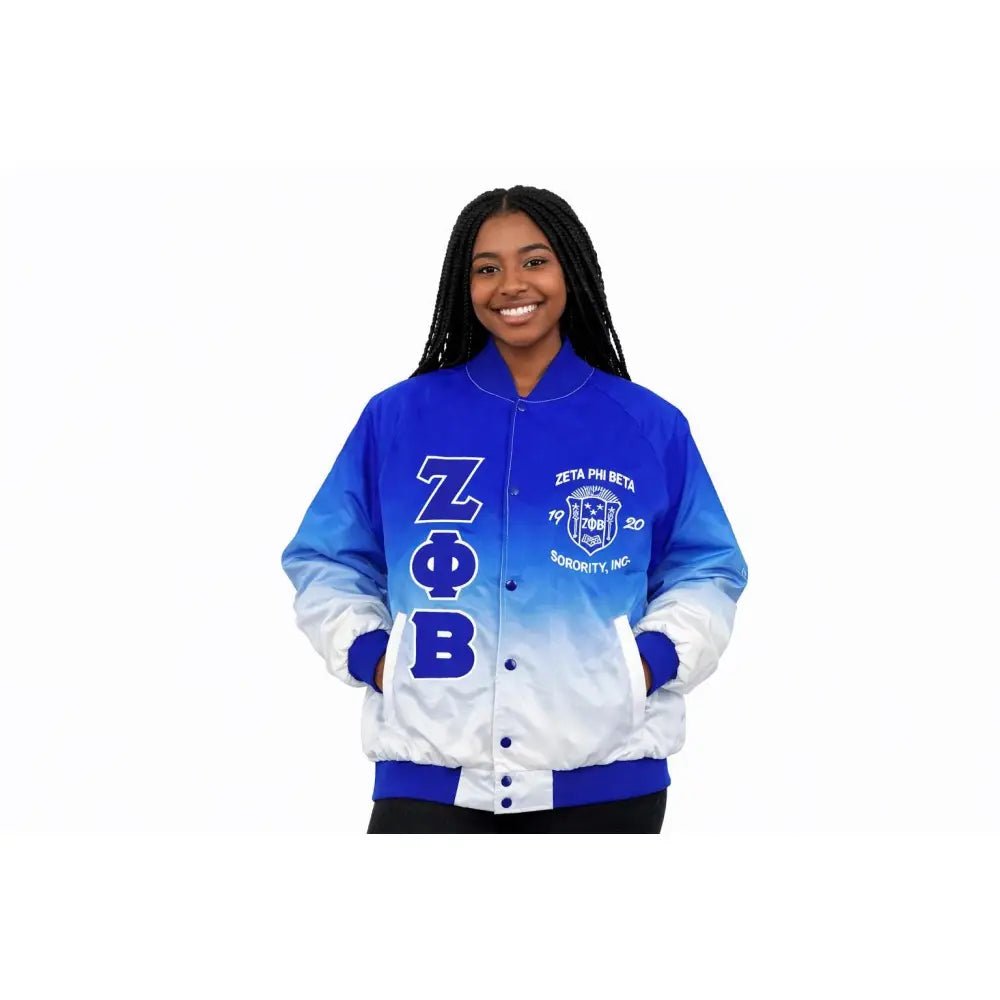 Custom Zeta Phi Beta Blue & White Ombre Satin Bomber Jacket | Custom D9