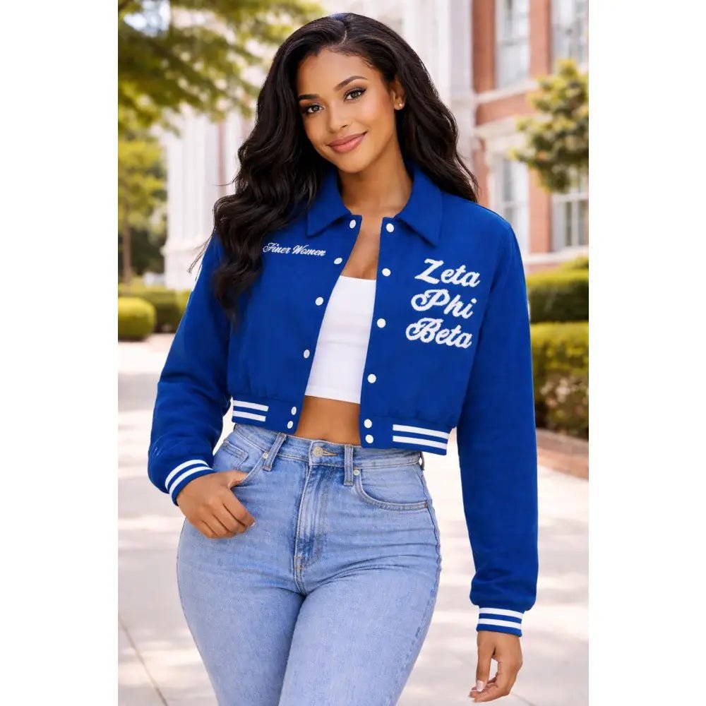 Custom Zeta Phi Beta Crop Varsity Wool Jacket Personalized Line Jacket Black | Custom D9