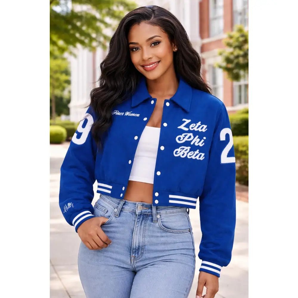 Custom Zeta Phi Beta Crop Varsity Wool Jacket Personalized Line Jacket Black | Custom D9