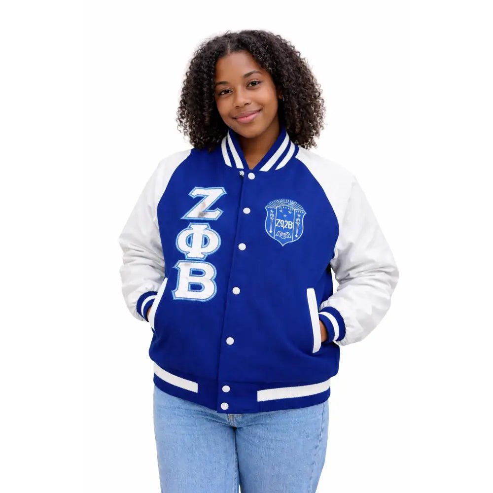 Custom Zeta Phi Beta Leather & Wool Varsity Letterman Jacket Blue & White | Custom D9