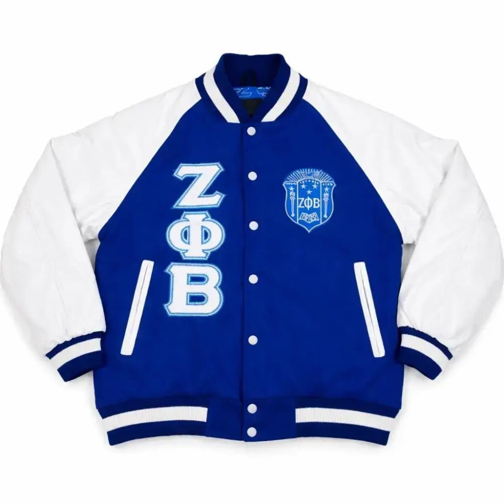 Custom Zeta Phi Beta Leather & Wool Varsity Letterman Jacket Blue & White | Custom D9