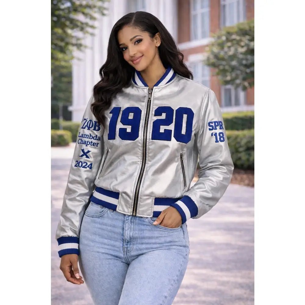 Custom Zeta Phi Beta Silver Satin Bomber Jacket Personalized 1920 Jacket | Custom D9