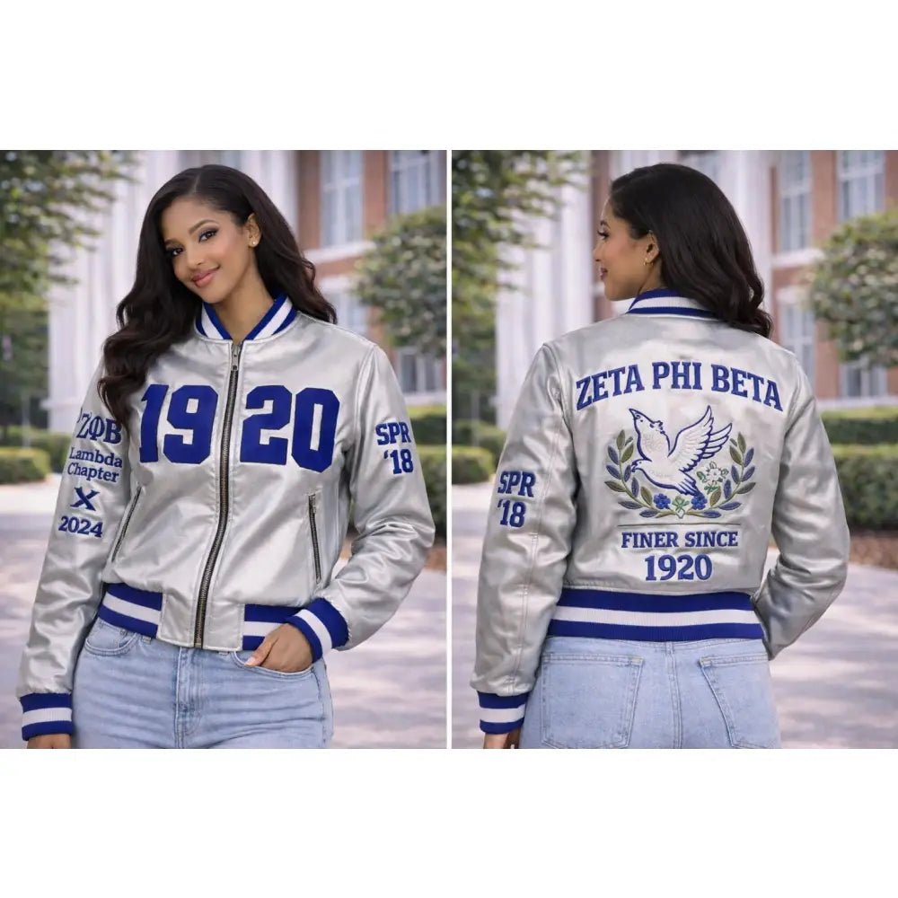 Custom Zeta Phi Beta Silver Satin Bomber Jacket Personalized 1920 Jacket | Custom D9
