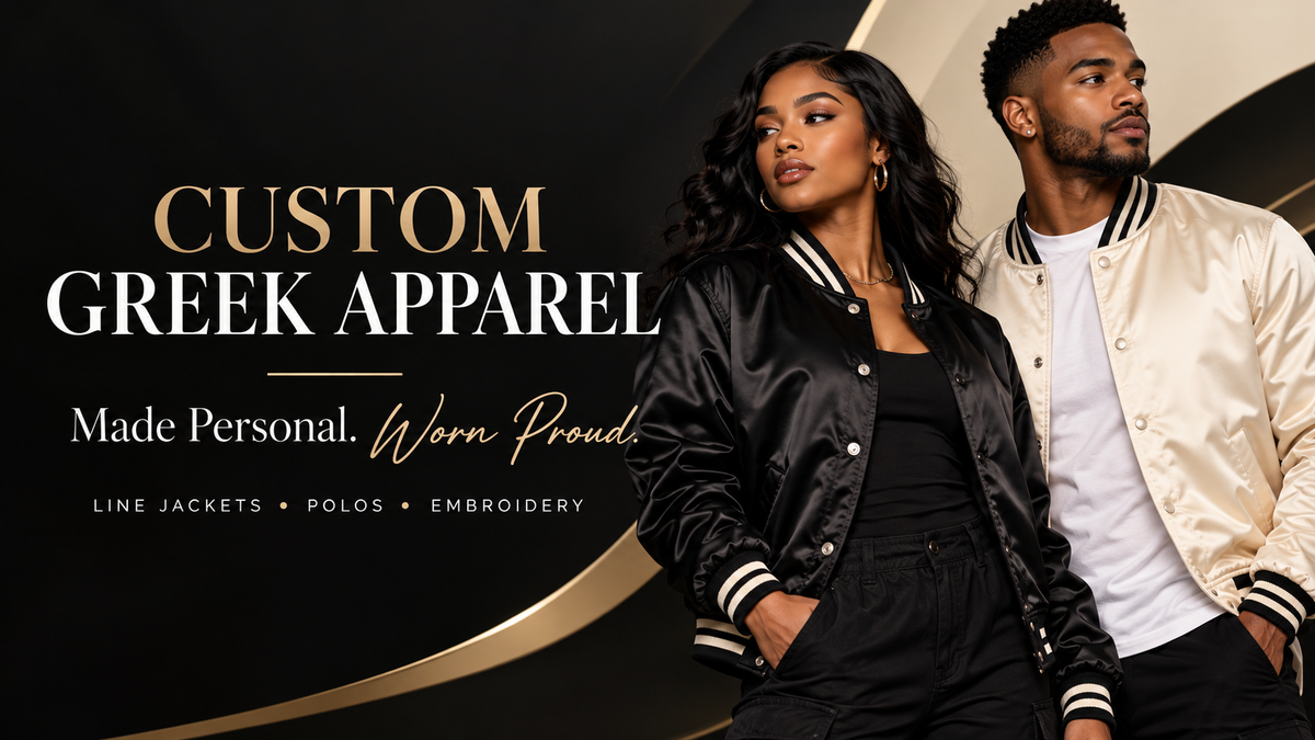 DealzCT custom Greek apparel banner showcasing premium black and ivory satin jackets and personalized apparel