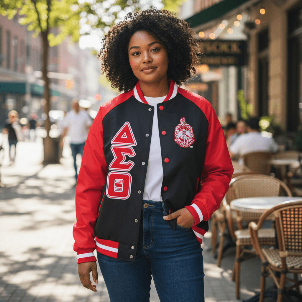 Delta Sigma Theta Bomber Jacket Black Nylon - Custom Lining Embroidered Logos Sorority
