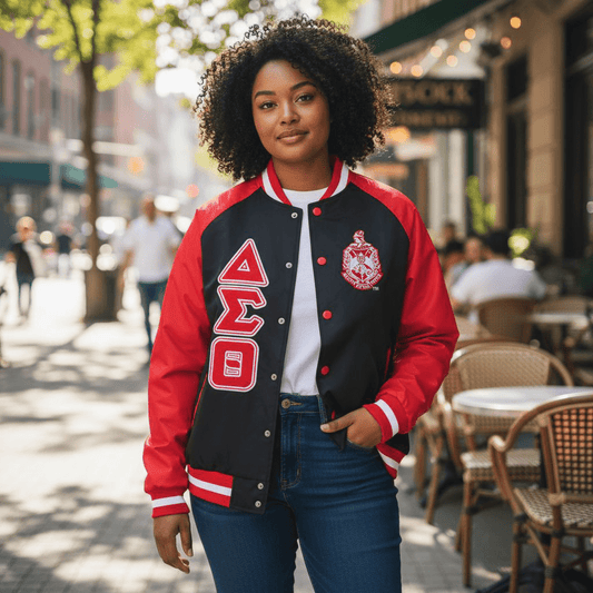 Delta Sigma Theta Bomber Jacket Black Nylon - Custom Lining Embroidered Logos Sorority