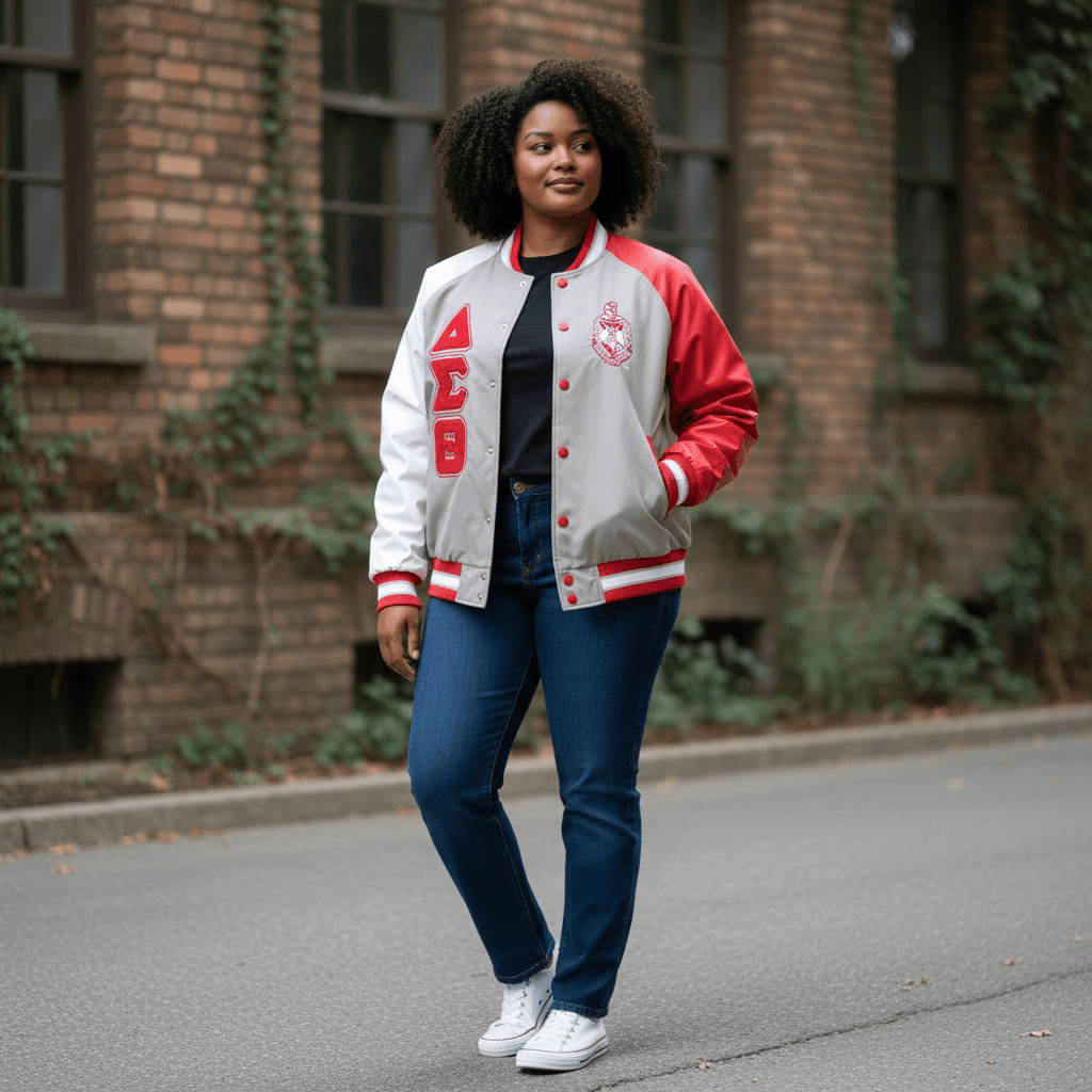 Delta Sigma Theta Bomber Jacket Grey Nylon - White & Red Sleeves Sorority