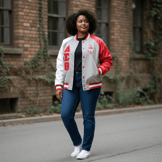 Delta Sigma Theta Bomber Jacket Grey Nylon - White & Red Sleeves Sorority