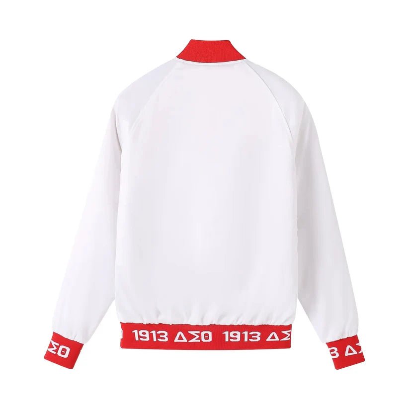 Delta Sigma Theta Bomber Jacket White Satin - Red Custom Ribbing Sorority