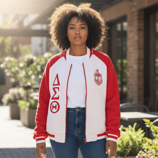 Delta Sigma Theta Reversible Sherpa Bomber Jacket - Red & White Sorority