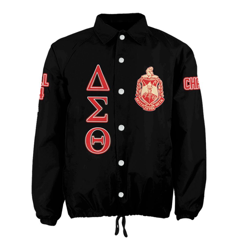 Delta Sigma Theta Sorority Crossing Jacket – Custom Crest & Name Embroidered Coach Jacket (Black Edition)