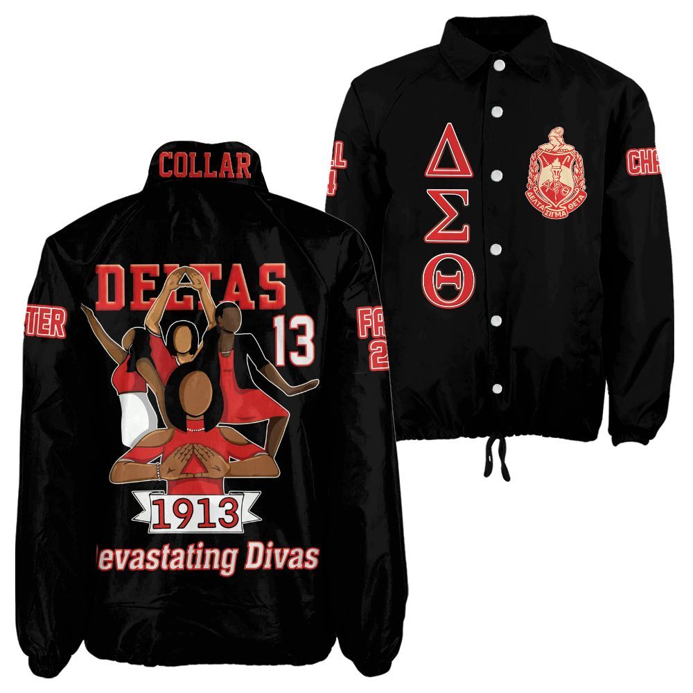 Delta Sigma Theta Sorority Crossing Jacket – Custom Crest & Name Embroidered Coach Jacket (Black Edition)