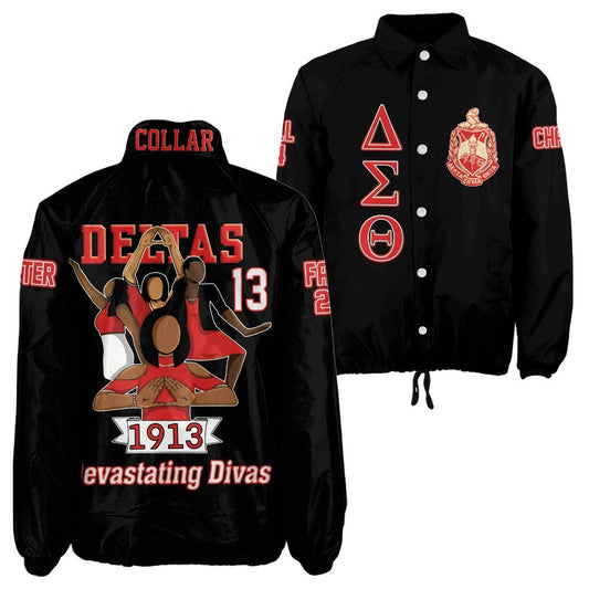 Delta Sigma Theta Sorority Crossing Jacket – Custom Crest & Name Embroidered Coach Jacket (Black Edition)