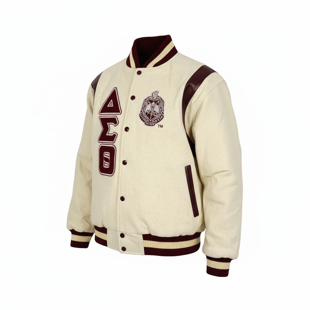 Delta Sigma Theta Varsity Letterman Jacket - Cream Wool Crimson Leather Sorority