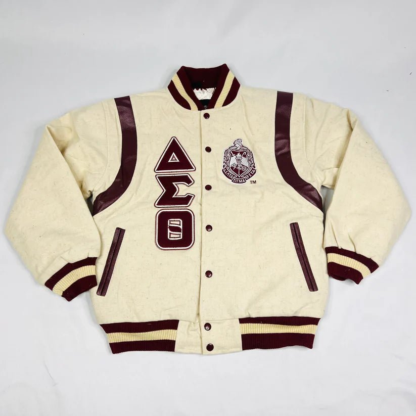Delta Sigma Theta Varsity Letterman Jacket - Cream Wool Crimson Leather Sorority