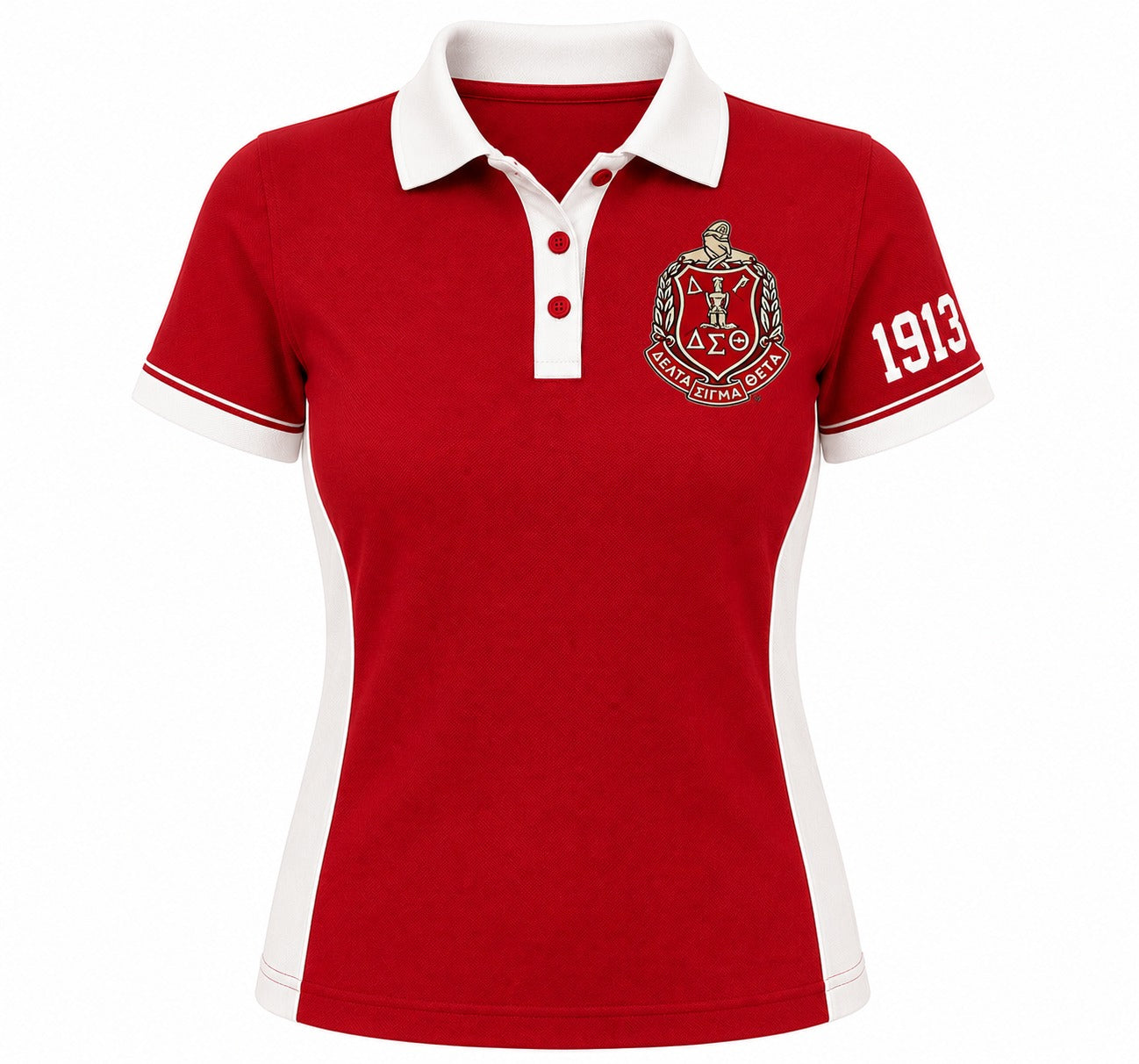 A red short-sleeve polo shirt with white trim on the collar, placket, sleeve cuffs, and side panels. The left chest features a detailed club crest with the letters 'AFC' and '1913' printed in white on the right sleeve.