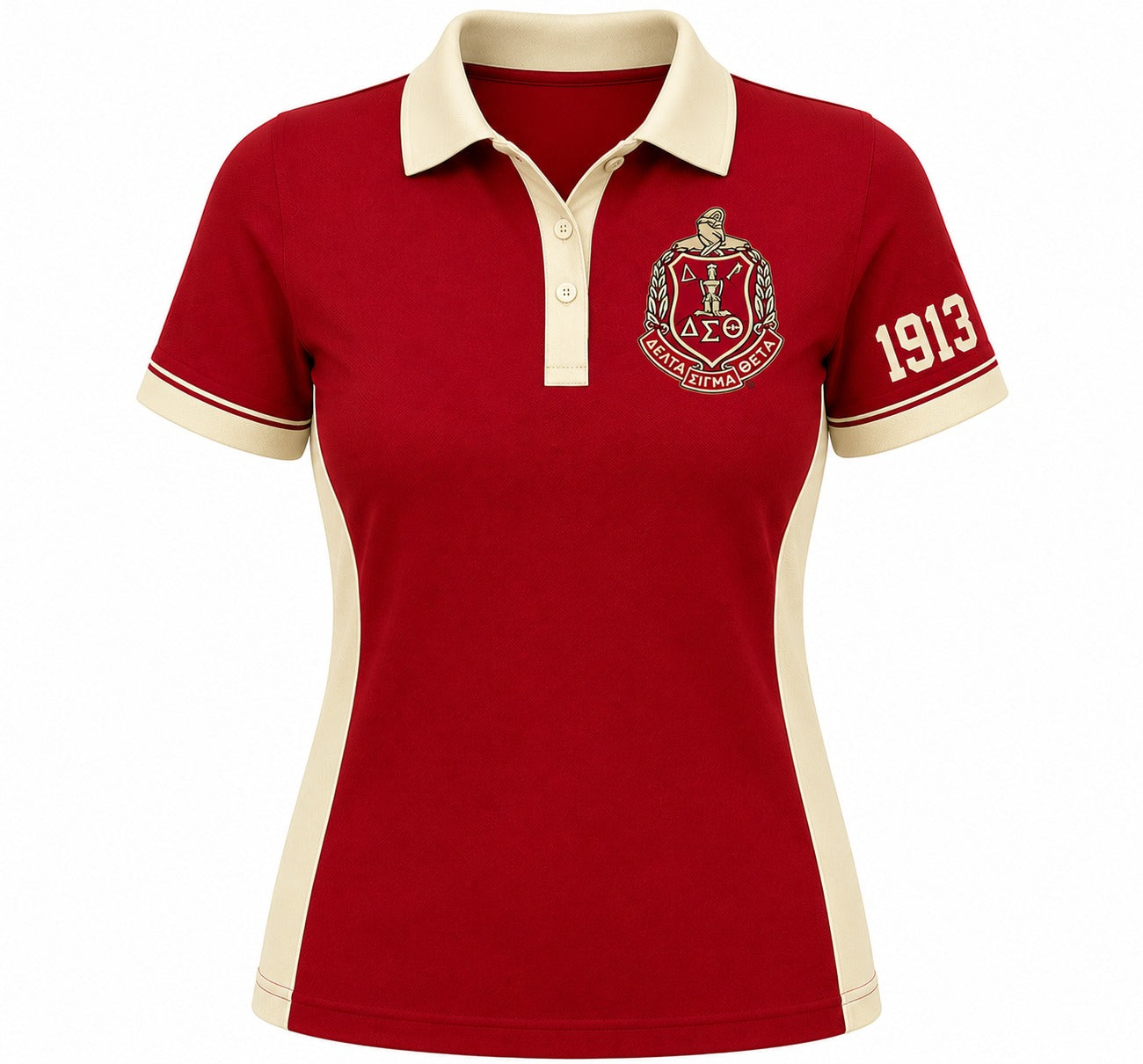 A women's short-sleeve polo shirt in deep red with cream-colored collar, sleeve cuffs, and side panels. The left chest features a gold and red Greek letter crest, and the right sleeve displays the number '1913' in cream and red.