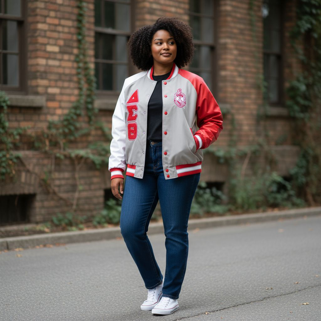 Delta Sigma Theta Grey Bomber Jacket – Lightweight Nylon Greek Life Outerwear with Red and White Sleeves