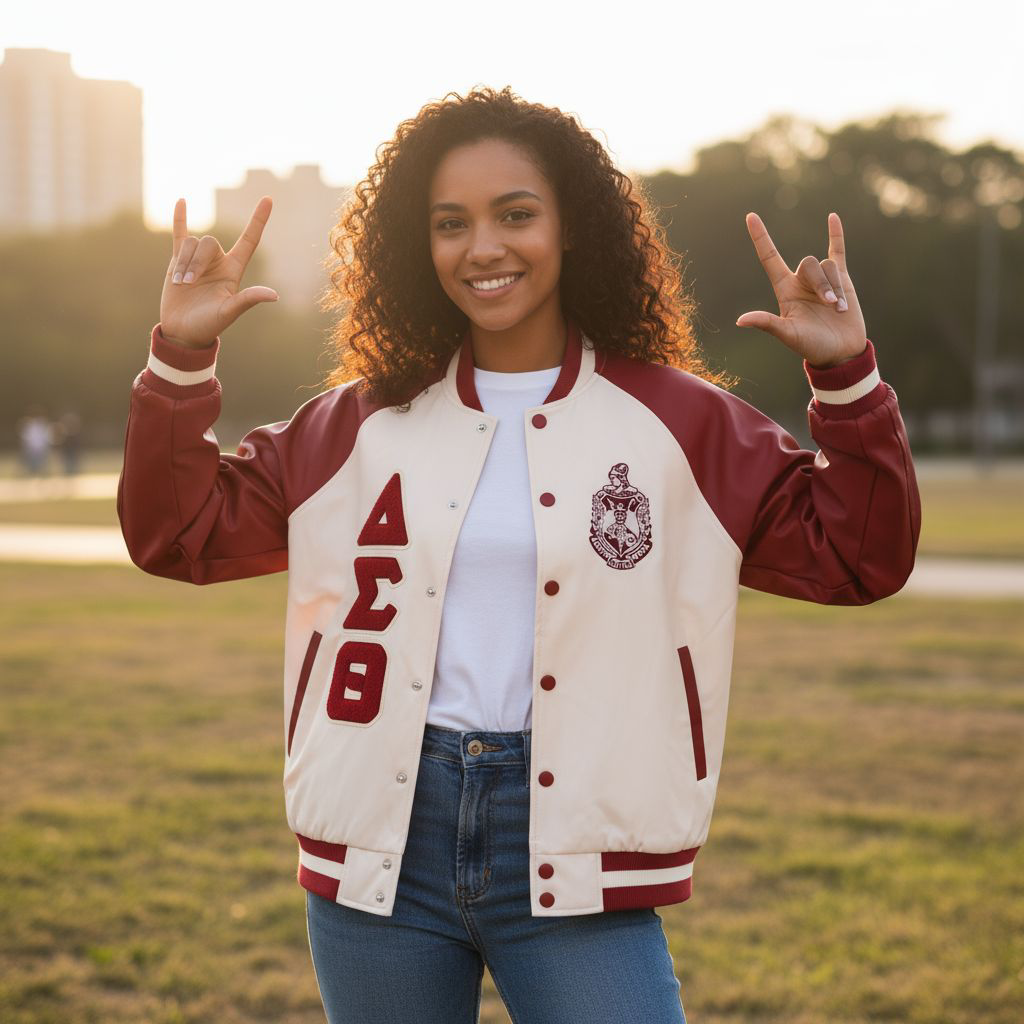 Cream Delta Sigma Theta Bomber Jacket – Smooth Satin Sorority Outerwear with Bold Embroidered Logos