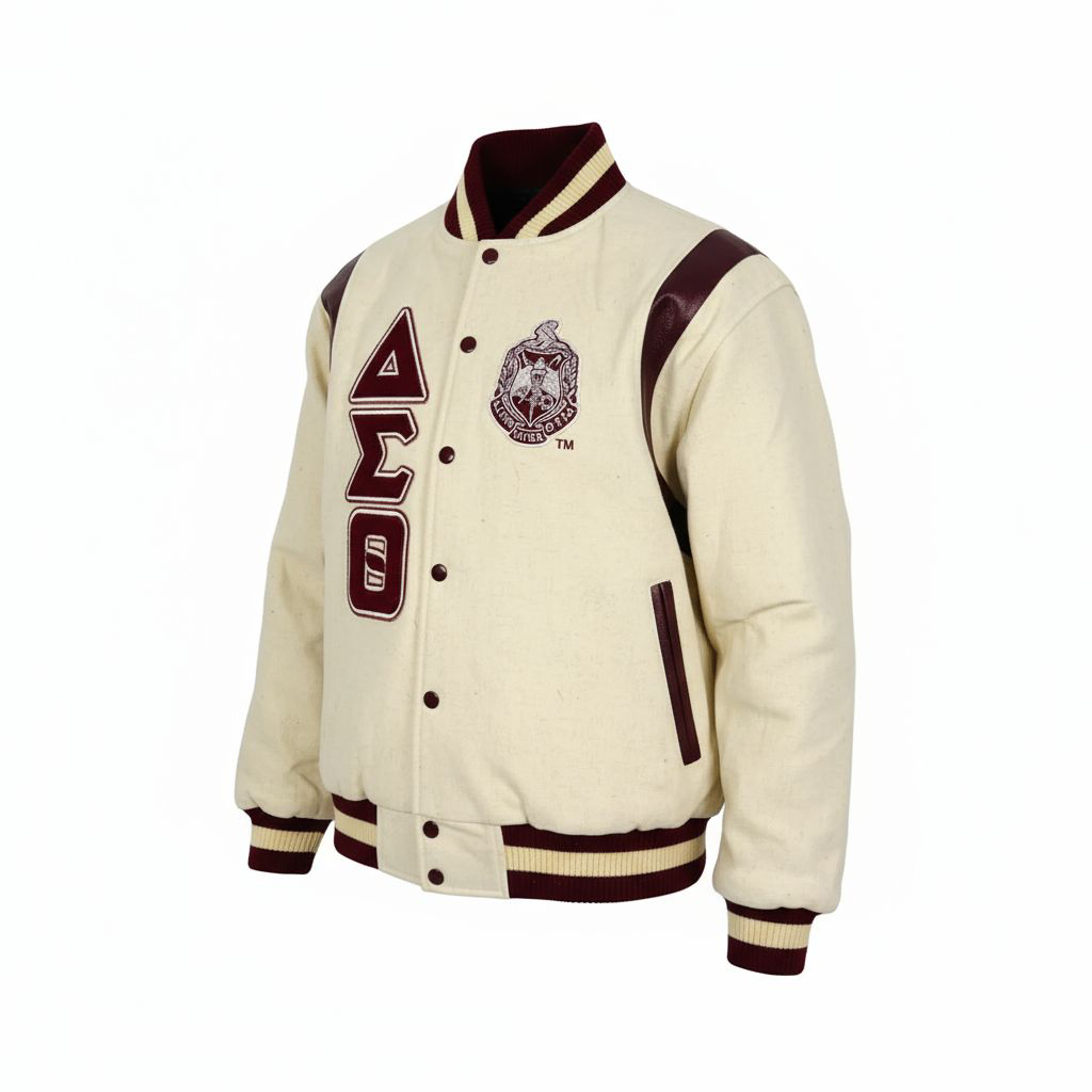 Cream-colored varsity jacket with maroon accents and logos on a white background