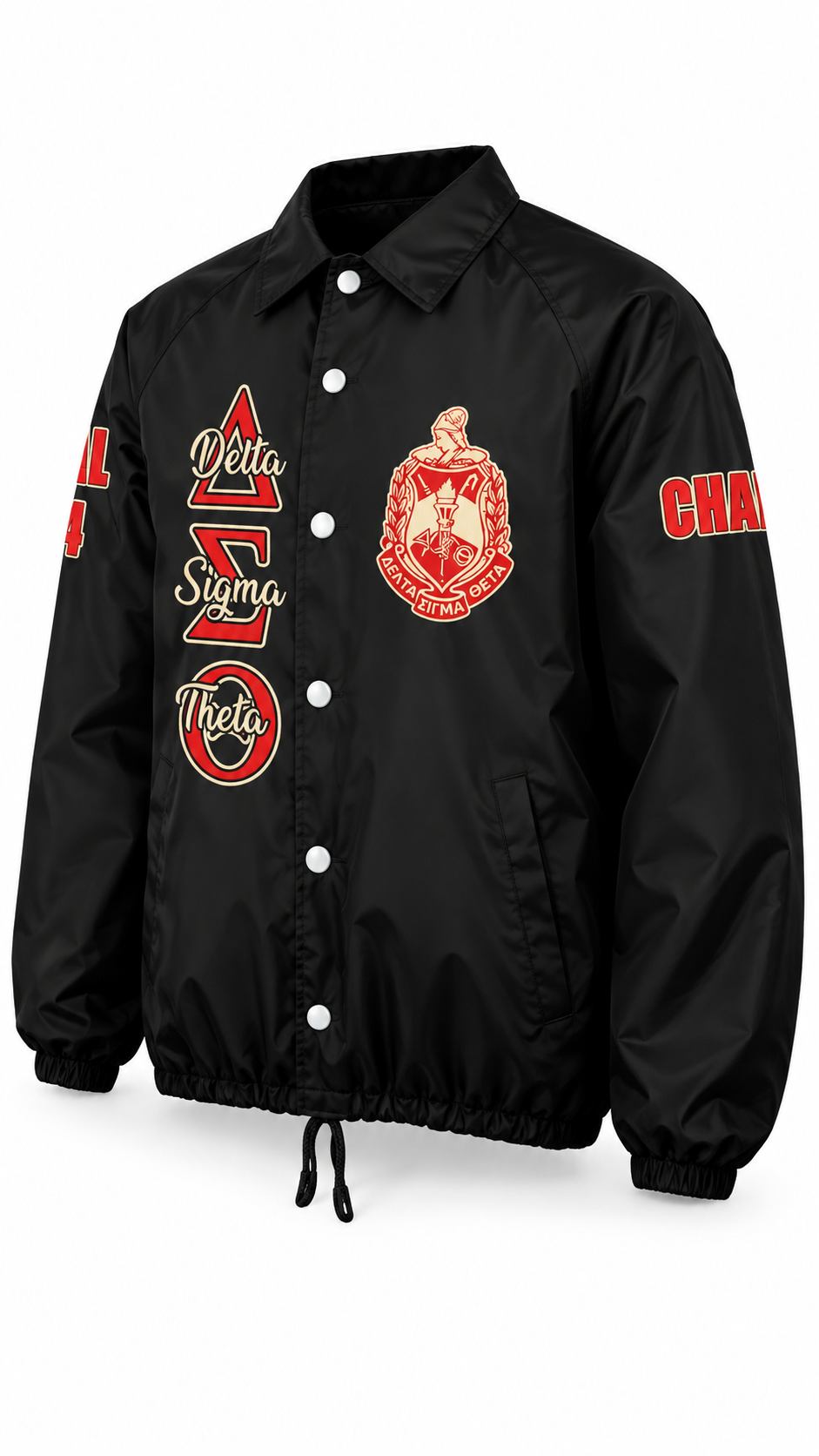 A black nylon Delta Sigma Theta jacket with red and white embroidered graphics on the front and sleeves, displayed on a clean white background.