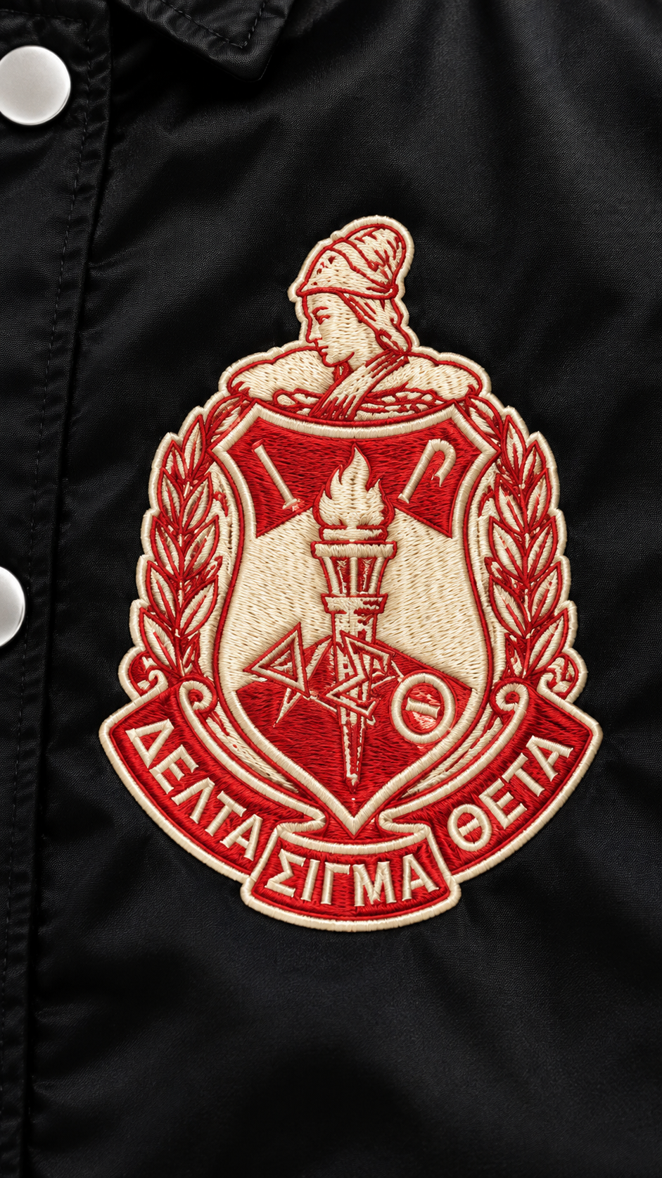 Delta Sigma Theta Sorority Crossing Jacket – Custom Crest & Name Embroidered Coach Jacket