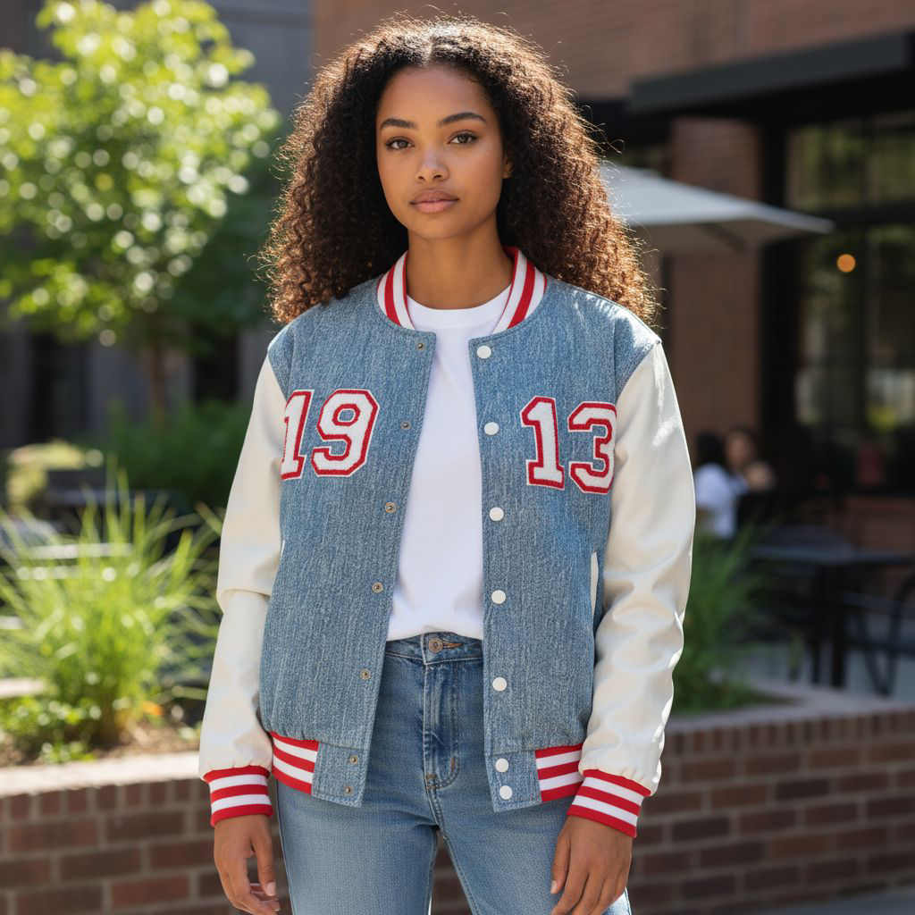 Delta Sigma Theta 1913 Bomber Jacket – Denim Look Satin Greek Letter Outerwear for Sorority Members
